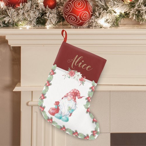 Christmas Gnome Holiday Floral Monogram Stocking