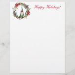 Christmas Gnome in a Wreath Letterhead<br><div class="desc">A little gnome dressed in green stands inside a festive wreath with greens,  berries and poinsettia flowers,  with the words,  "Happy Holidays" in red script to the right.  Festive,  cute,  and perfect for your holiday correspondence!</div>