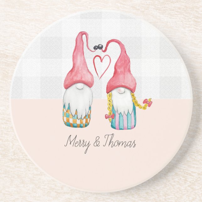 Christmas Gnome In Love Watercolor Hand-painted Coaster (Front)