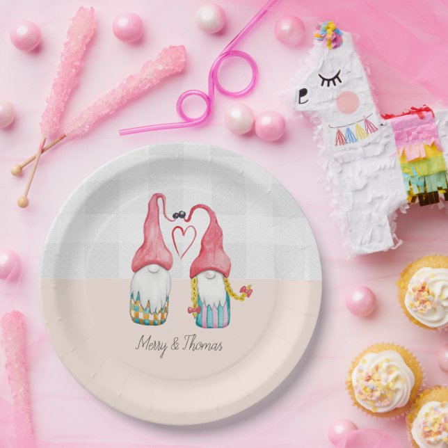 Christmas Gnome In Love Watercolor Hand-painted Paper Plates (Party)