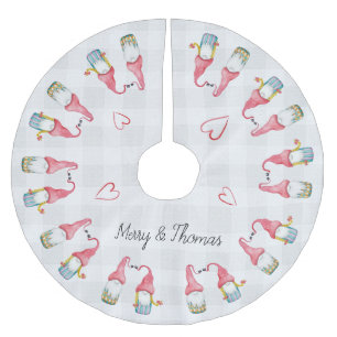 Christmas Gnome In Love Watercolor Monogrammed Brushed Polyester Tree Skirt