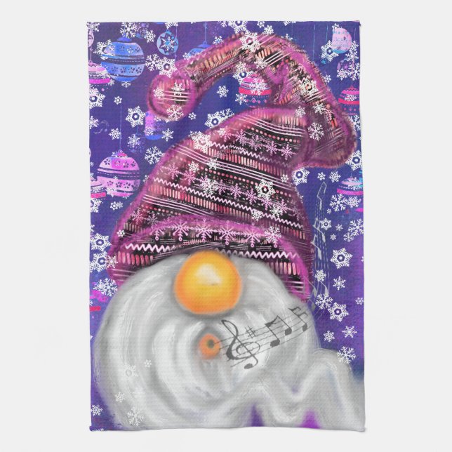 Christmas Gnome In Purple Hat Kitchen Towel (Vertical)