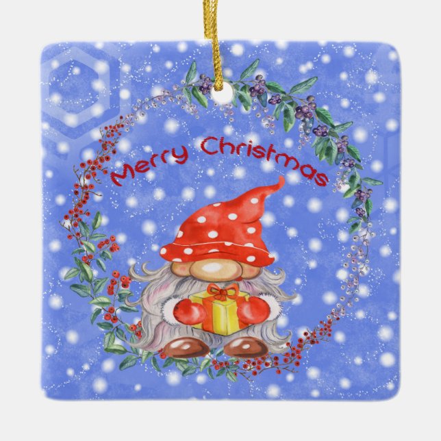 Christmas Gnome in Red Hat & Present Ceramic Ornam Ornament (Front)