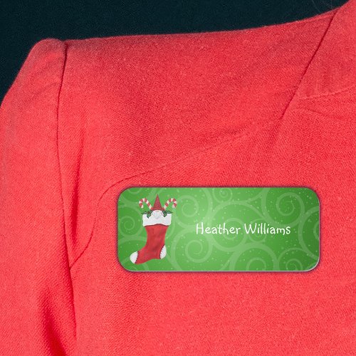 Christmas Gnome in Red Stocking Holly Candy Canes Name Tag