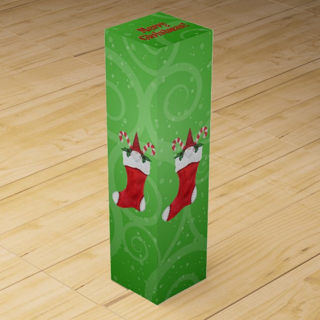 Christmas Gnome in Red White Stocking Candy canes Wine Box (Front)