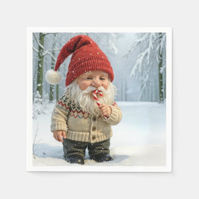 Christmas Gnome In Snowflakes With Candy Cane  Napkins (Front)