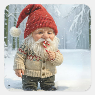 Christmas Gnome In Snowflakes With Candy Cane Square Sticker