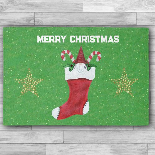 Christmas Gnome in Stocking Gold Stars on Green Rug