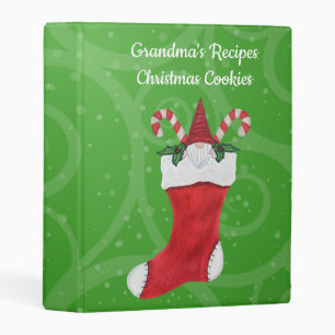 Christmas Gnome in Stocking Green Swirls Holly Mini Binder