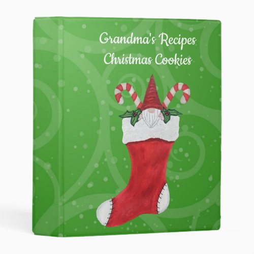 Christmas Gnome in Stocking Green Swirls Holly Mini Binder