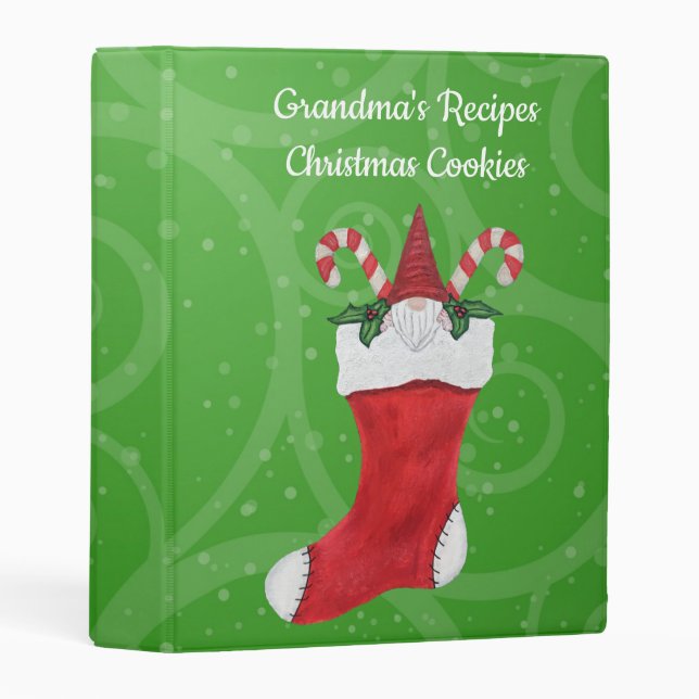 Christmas Gnome in Stocking Green Swirls Holly Mini Binder (Front/Spine)