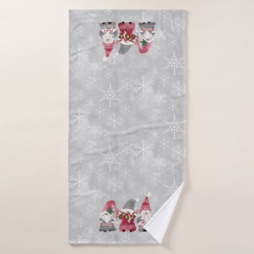 Christmas Gnome Love Joy Peace Gray Snowflakes Bath Towel