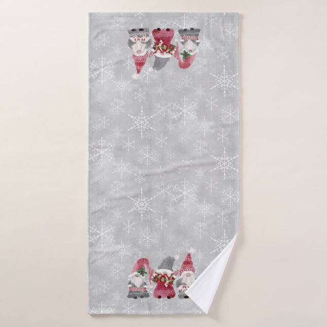 Christmas Gnome Love Joy Peace Gray Snowflakes Bath Towel (Bath Towel)