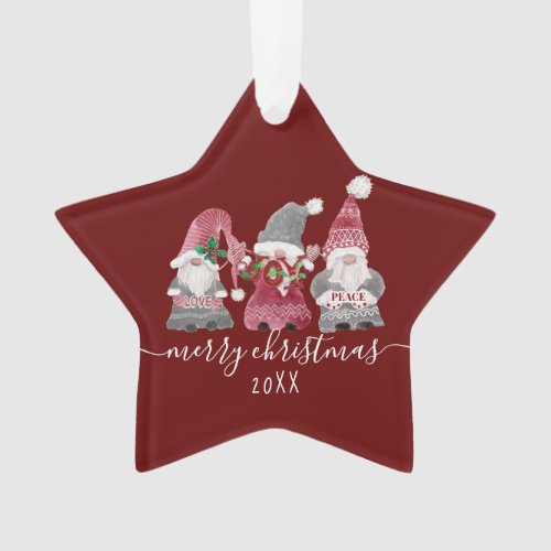 Christmas Gnome Love Joy Peace Script Family Photo Ornament