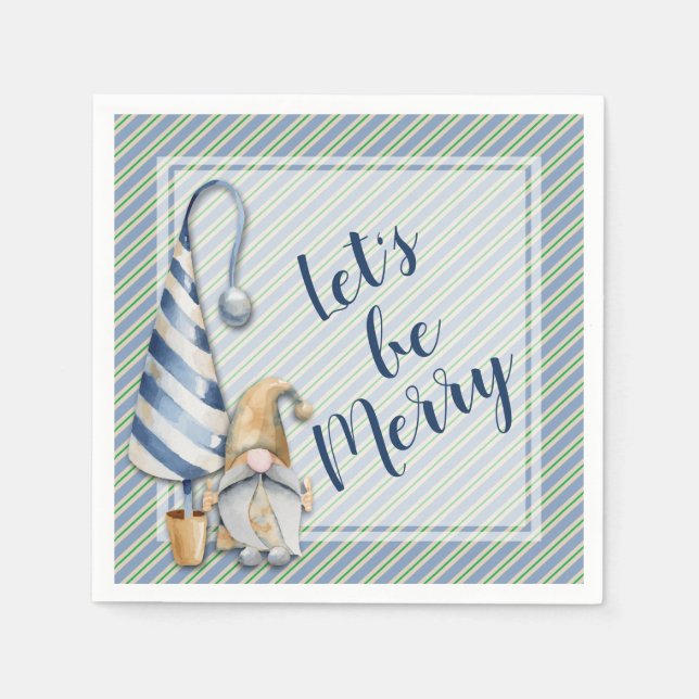 Christmas Gnome on Blue Stripes Holiday Party Napkins (Front)