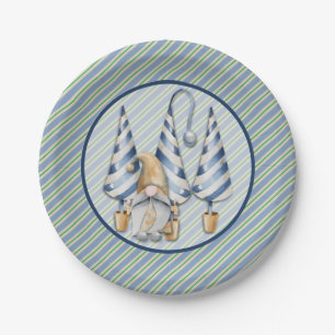 Christmas Gnome on Blue Stripes Holiday Party Paper Plates