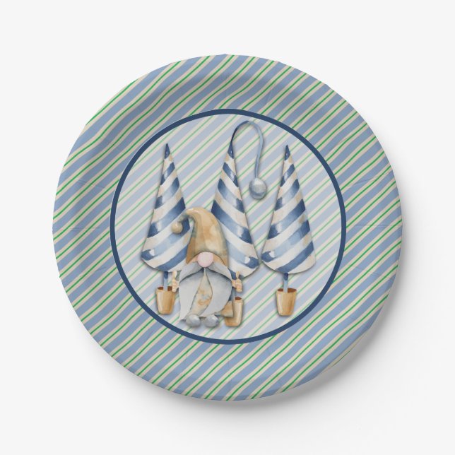 Christmas Gnome on Blue Stripes Holiday Party Paper Plates (Front)