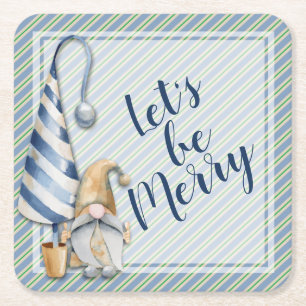 Christmas Gnome on Blue Stripes Holiday Square Paper Coaster