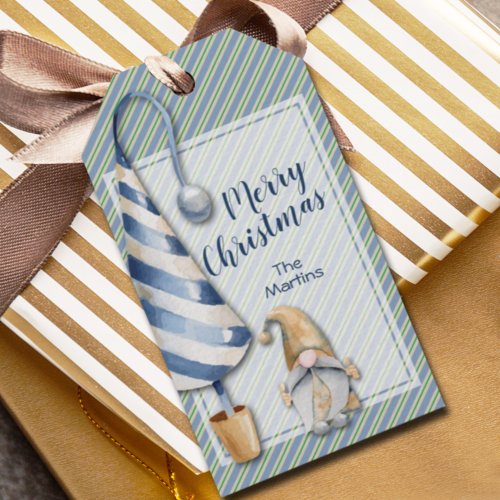 Christmas Gnome on Blue Stripes Holiday Thank You Gift Tags