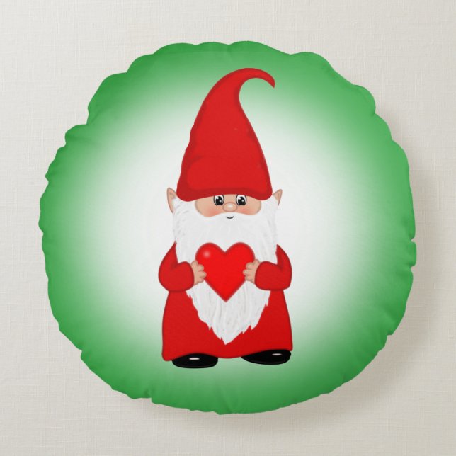 Christmas Gnome on Green Round Pillow (Front)