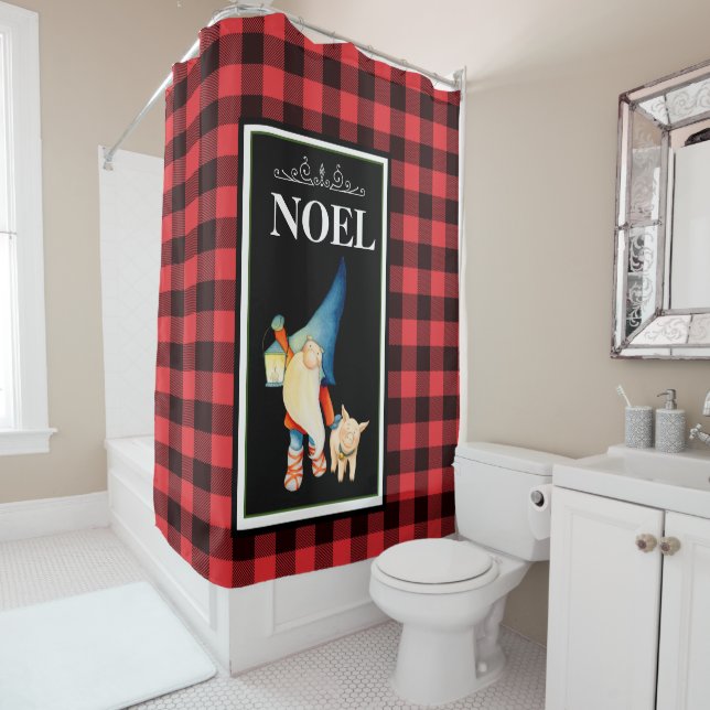 Christmas Gnome on Red and Black Buffalo Plaid Shower Curtain (In Situ)
