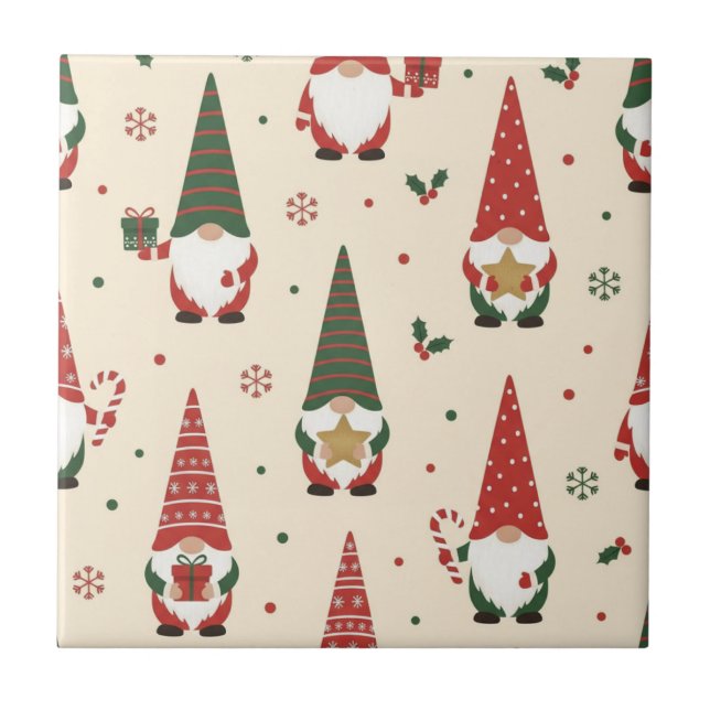 Christmas Gnome Party Pattern Ceramic Tile (Front)