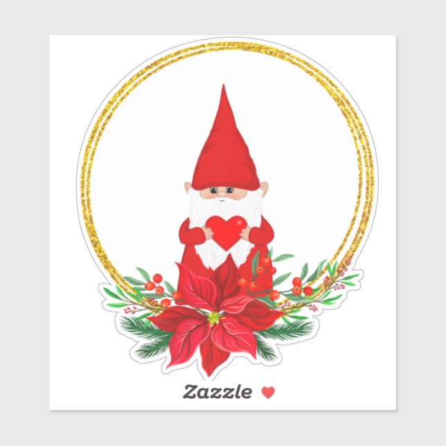 Christmas Gnome & Poinsettia in Golden Circles  Sticker (Sheet)