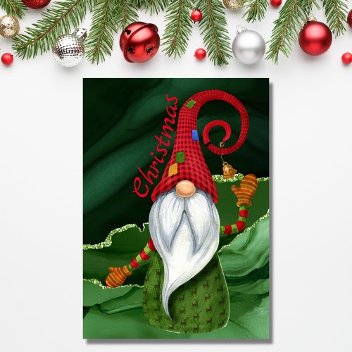 Christmas Gnome Red and Green Gemstone Rustic Glam Holiday Card