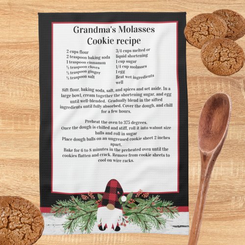 Christmas Gnome Red Black  Plaid Recipe keepsake Kitchen Towel