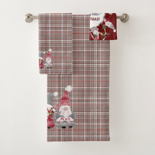 Christmas Gnome Red Gray Plaid Love Joy Peace Bath Towel Set