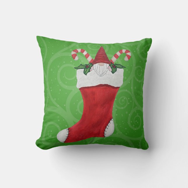 Christmas Gnome Red Hat Candy Canes in Stocking Throw Pillow (Front)