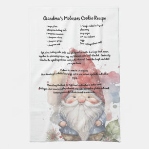 Christmas Gnome Red Hat Watercolor Recipe Kitchen Towel