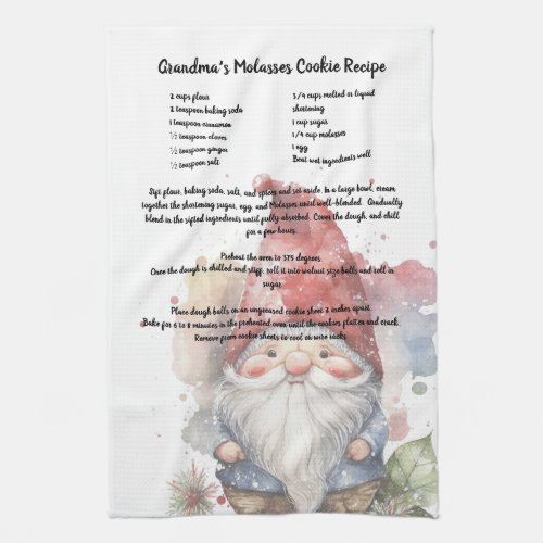 Christmas Gnome Red Hat Watercolor Recipe Kitchen Towel