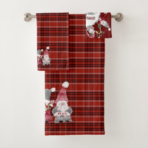 Christmas Gnome Red Plaid Love Joy Peace Gray Bath Towel Set