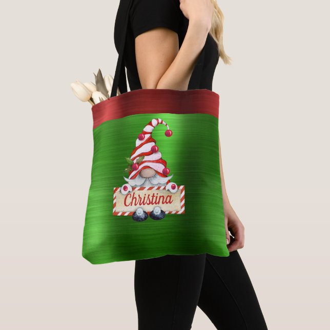 Christmas Gnome Red Striped Hat Green Metallic Tote Bag (Close Up)