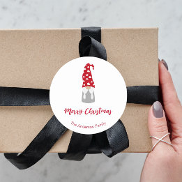 Christmas gnome red white family name cute classic round sticker