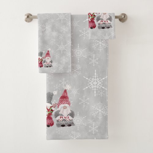 Christmas Gnome Scandinavian Love Joy Peace Gray Bath Towel Set