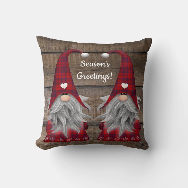 Christmas Gnome Season's Greetings Rustic Wood Throw Pillow (Front)