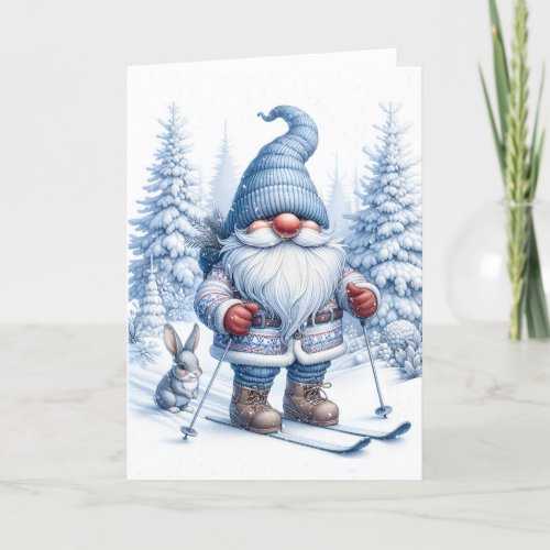 Christmas Gnome Skiing With a Bunny Holiday Card