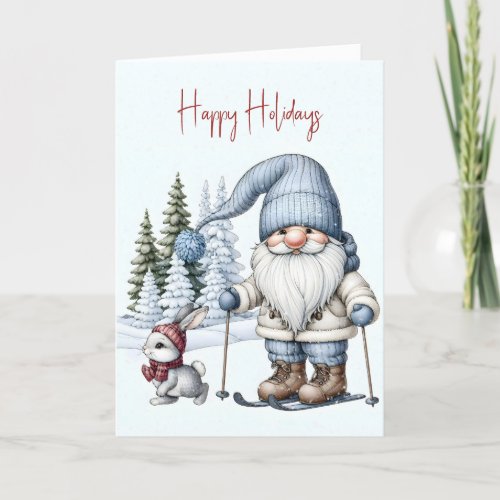 Christmas Gnome Skiing With a Bunny Holiday Card