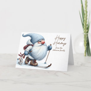 Christmas Gnome Skiing With a Bunny Holiday Card