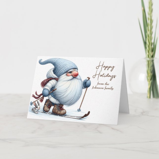Christmas Gnome Skiing With a Bunny Holiday Card (Front)