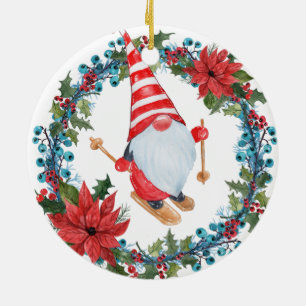 Christmas Gnome Skiing, with Wreath Ornament