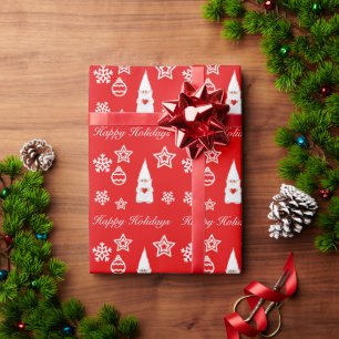 Christmas Gnome, Snowflakes & Stars on Red Wrapping Paper