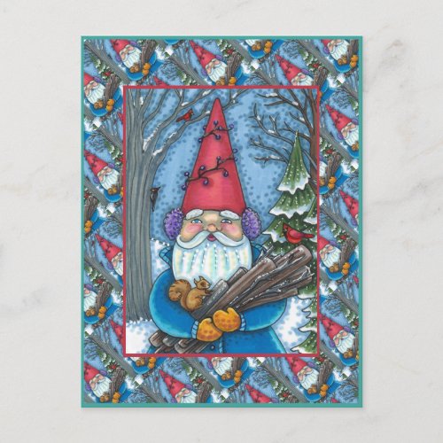 CHRISTMAS GNOME SQUIRREL WOODPECKER  CARDINAL HOLIDAY POSTCARD