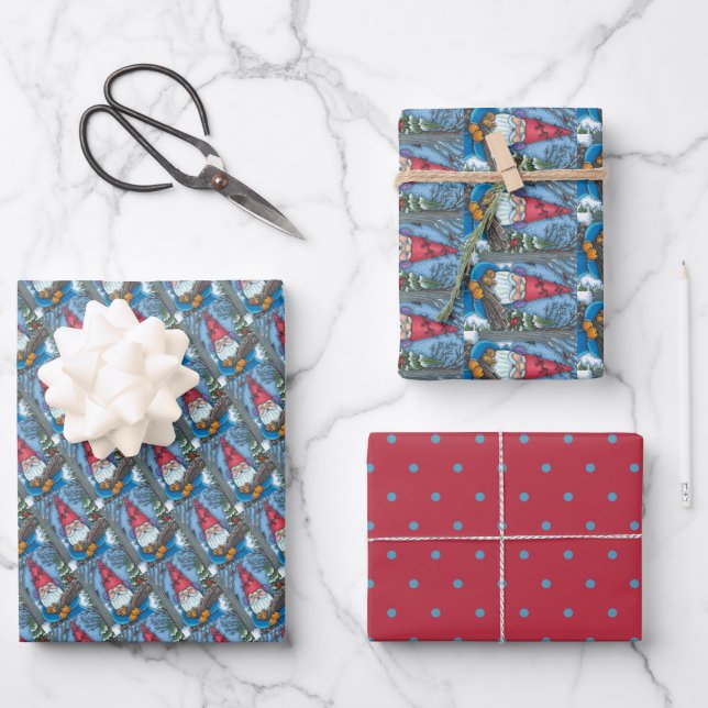 CHRISTMAS GNOME, SQUIRREL, WOODPECKER & CARDINAL WRAPPING PAPER SHEETS (Front)