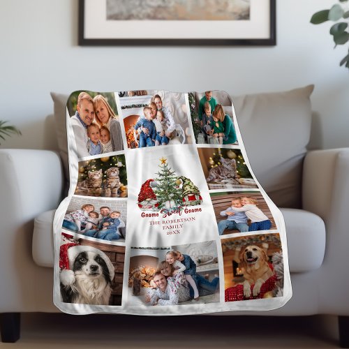 Christmas Gnome Sweet Gnome Family Photo Collage Fleece Blanket