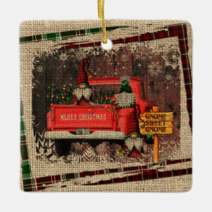 Christmas Gnome Sweet Gnome Red Truck Plaid Ceramic Ornament