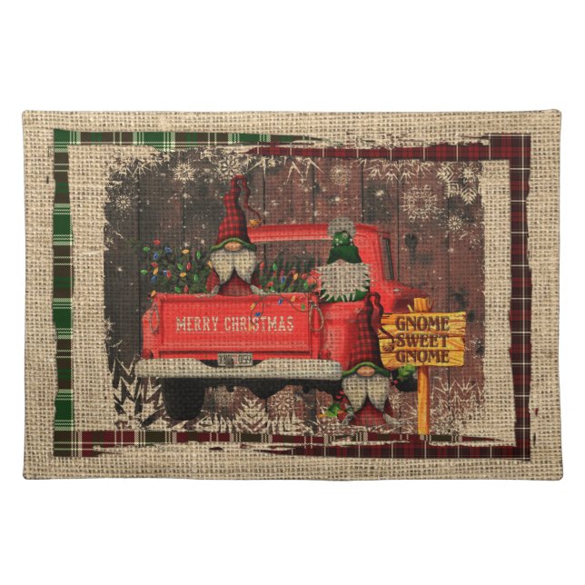 Christmas Gnome Sweet Gnome Red Truck Plaid Rustic Cloth Placemat (Front)