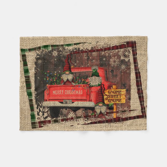 Christmas Gnome Sweet Gnome Red Truck Plaid Rustic Fleece Blanket (Front (Horizontal))